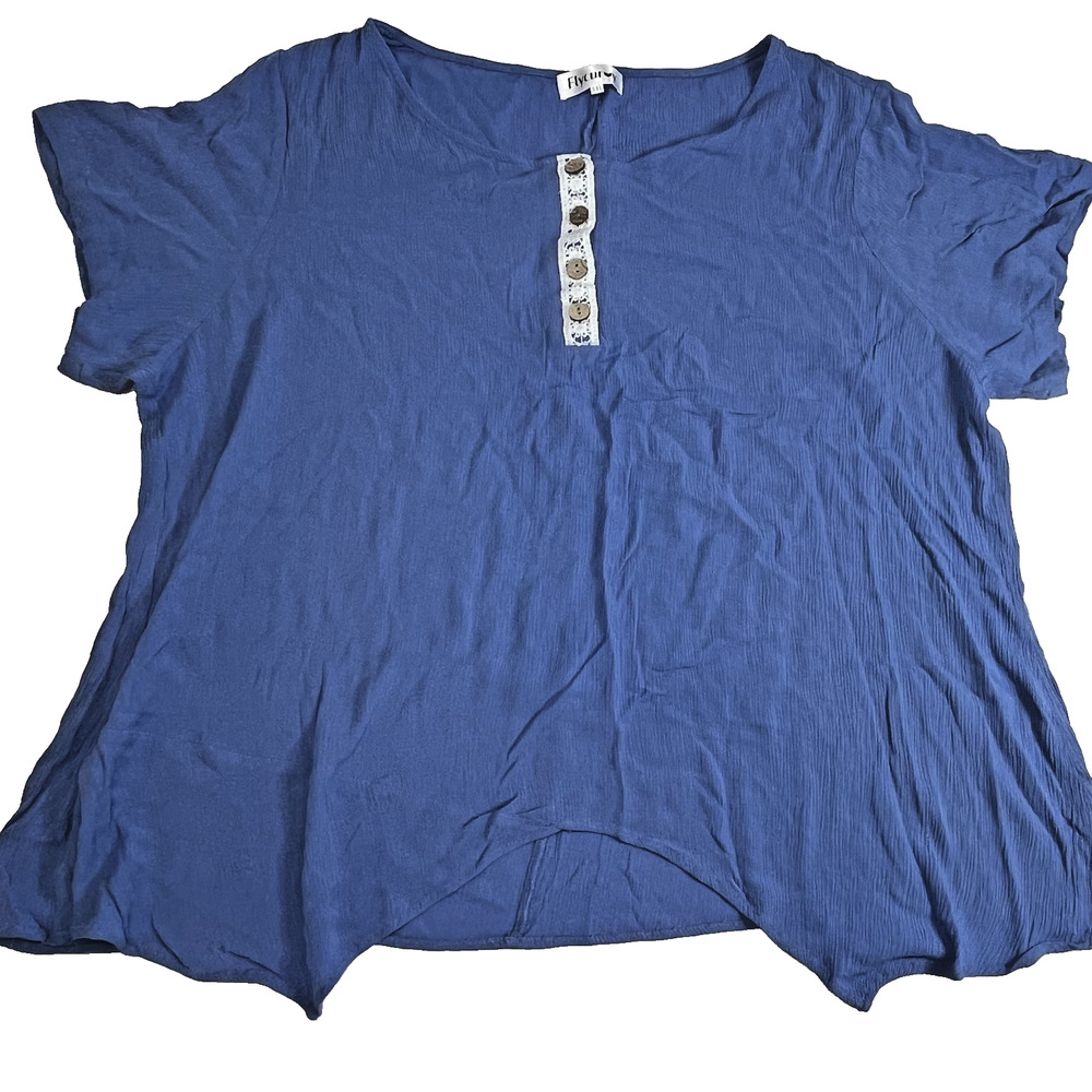 Flycurvy Womens Top Blue Plus Size 5XL Lace Henley Short Sleeve